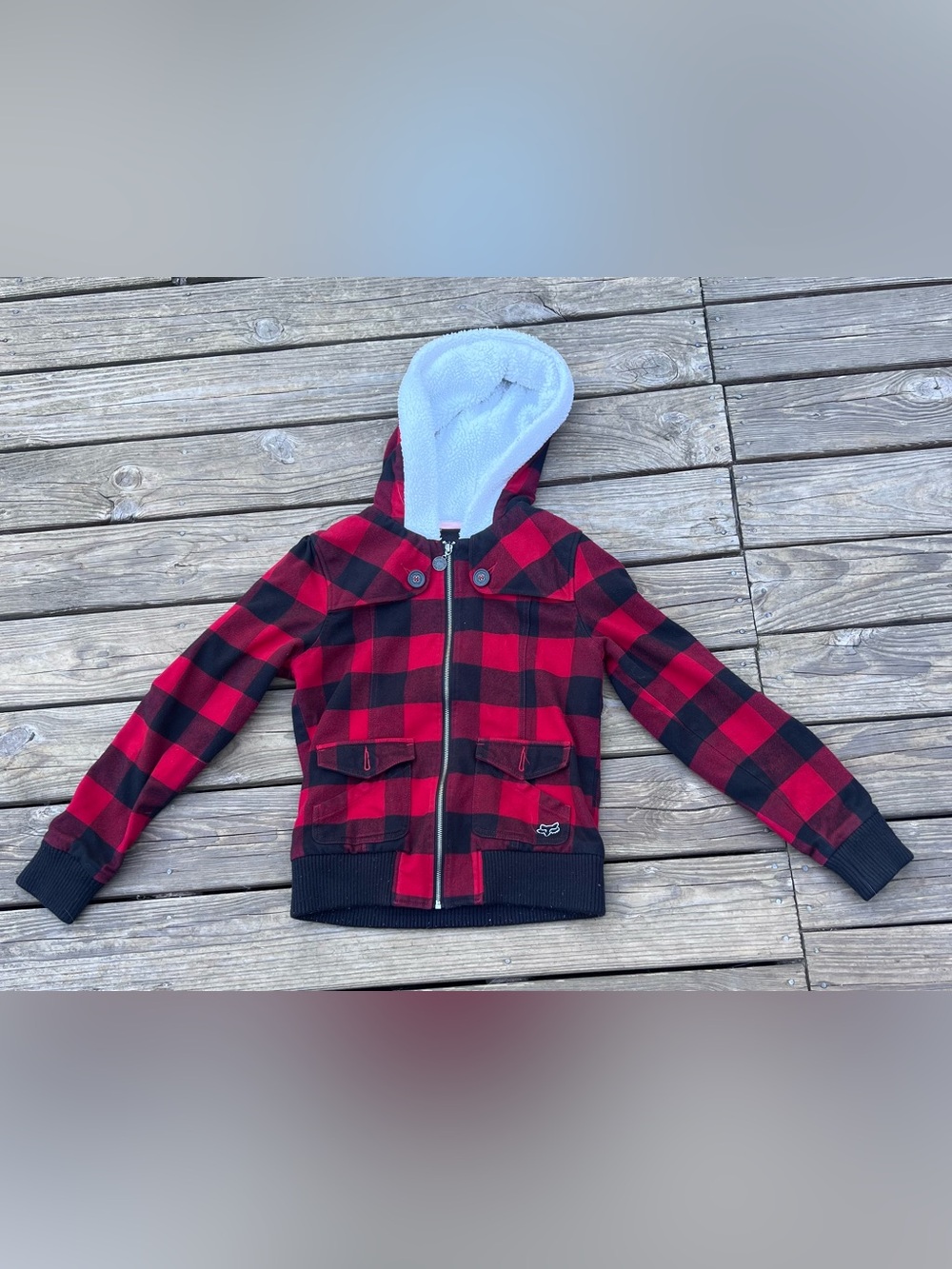 FOX Red & Black Buffalo Plaid Hooded Jacket with Sherpa Lining size Large